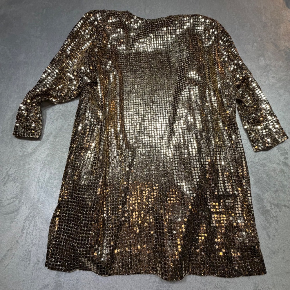 Vintage Gold Sequin Disco Duster Cardigan Metallic 80s Glam Party Jacket OS Gold